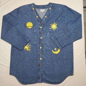 Vintage The Basic Womens Denim Shirt XL Button Up Celestial Patches Rhinestones